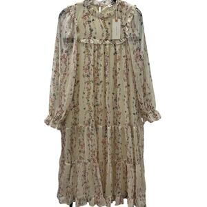 In Loom Women's MD Cream Floral Tiered Chiffon Overlay Babydoll Midi Dress NWT